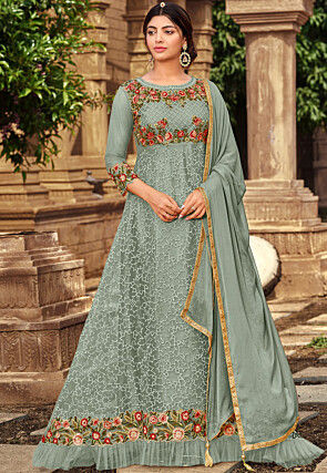 Embroidered Net Abaya Style Suit in Light Blue