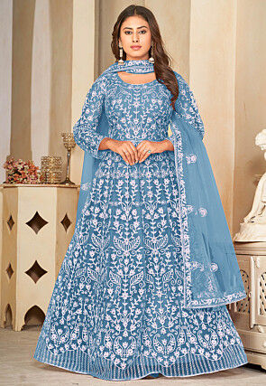 Embroidered Net Abaya Style Suit in Light Blue