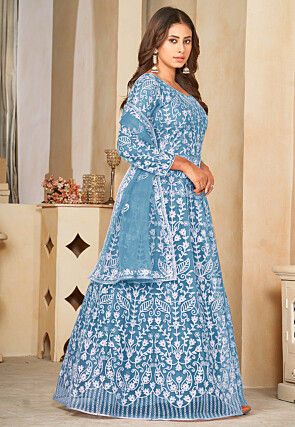 Embroidered Net Abaya Style Suit in Light Blue