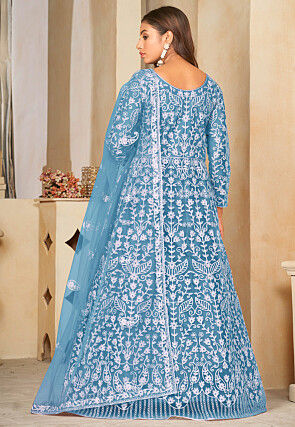 Embroidered Net Abaya Style Suit in Light Blue