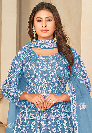 Embroidered Net Abaya Style Suit in Light Blue