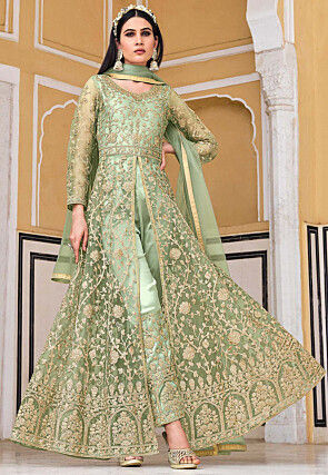 Embroidered Net Abaya Style Suit in Light Green