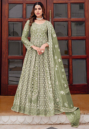 Embroidered Net Abaya Style Suit in Light Green