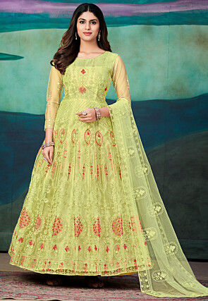 Embroidered Net Abaya Style Suit in Light Green