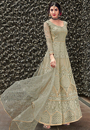 Embroidered Net Abaya Style Suit in Light Green