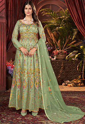 Embroidered Net Abaya Style Suit in Light Olive Green
