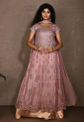 Embroidered Net Abaya Style Suit in Light Pink