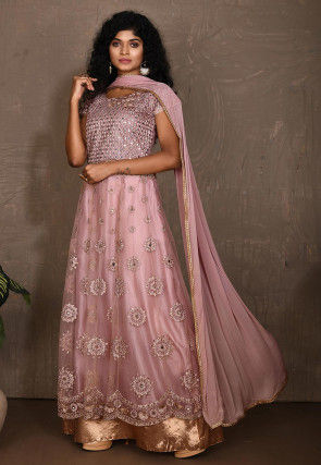 Embroidered Net Abaya Style Suit in Light Pink