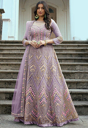 Embroidered Net Abaya Style Suit in Light Purple