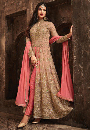 Embroidered Net Abaya Style Suit in Light Rose Gold