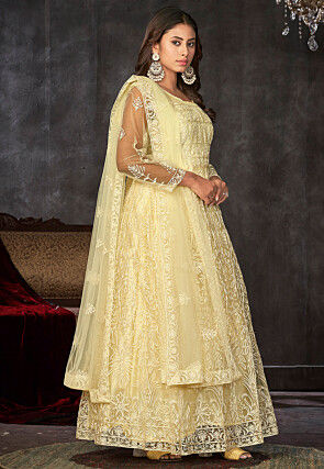 Embroidered Net Abaya Style Suit in Light yellow