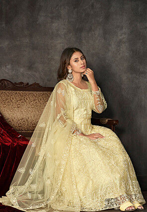 Embroidered Net Abaya Style Suit in Light yellow