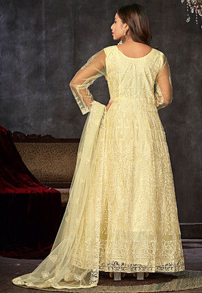 Embroidered Net Abaya Style Suit in Light yellow