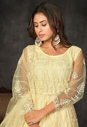 Embroidered Net Abaya Style Suit in Light yellow