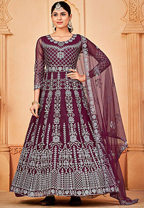 Embroidered Net Abaya Style Suit in Magenta