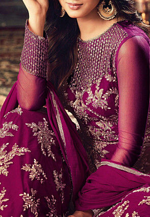 Embroidered Net Abaya Style Suit in Magenta