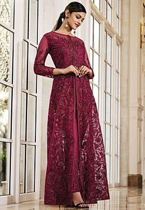 Embroidered Net Abaya Style Suit in Magenta