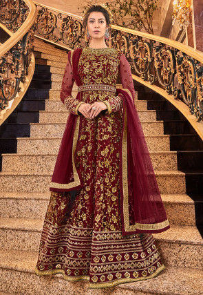 Embroidered Net Abaya Style Suit in Maroon