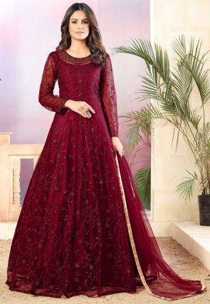 Embroidered Net Abaya Style Suit in Maroon