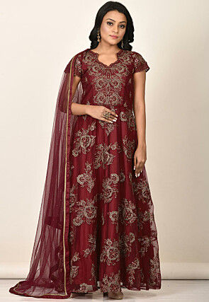 Embroidered Net Abaya Style Suit in Maroon