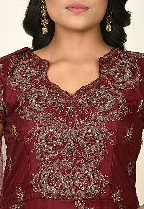 Embroidered Net Abaya Style Suit in Maroon