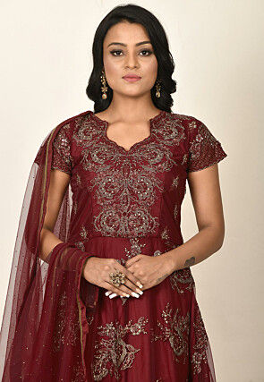 Embroidered Net Abaya Style Suit in Maroon
