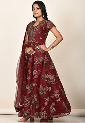 Embroidered Net Abaya Style Suit in Maroon