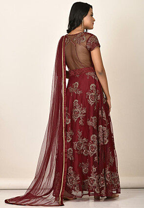 Embroidered Net Abaya Style Suit in Maroon