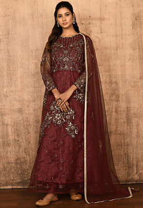 Embroidered Net Abaya Style Suit in Maroon