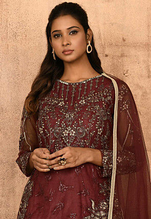 Embroidered Net Abaya Style Suit in Maroon