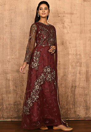Embroidered Net Abaya Style Suit in Maroon
