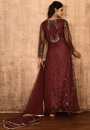 Embroidered Net Abaya Style Suit in Maroon