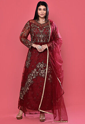 Embroidered Net Abaya Style Suit in Maroon