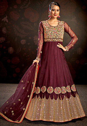 Embroidered Net Abaya Style Suit in Maroon