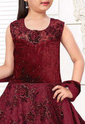 Embroidered Net Abaya Style Suit in Maroon