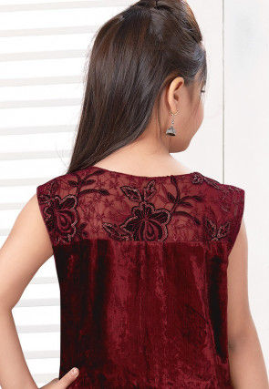 Embroidered Net Abaya Style Suit in Maroon
