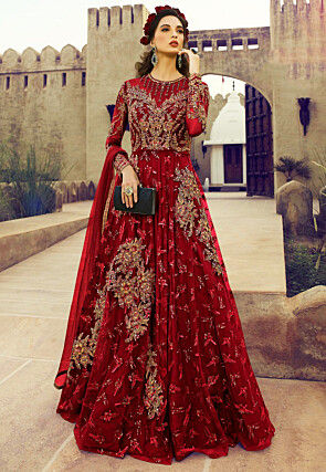 Embroidered Net Abaya Style Suit in Maroon