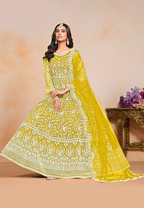 Embroidered Net Abaya Style Suit in Mustard