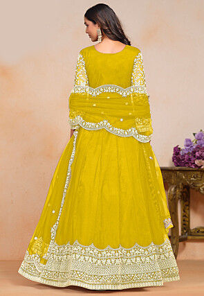 Embroidered Net Abaya Style Suit in Mustard