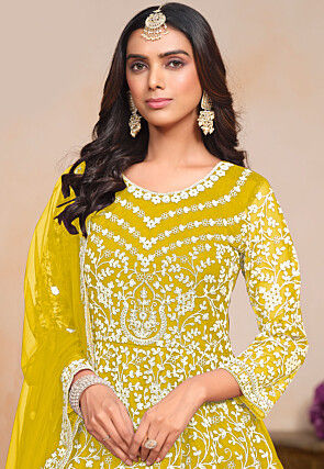 Embroidered Net Abaya Style Suit in Mustard