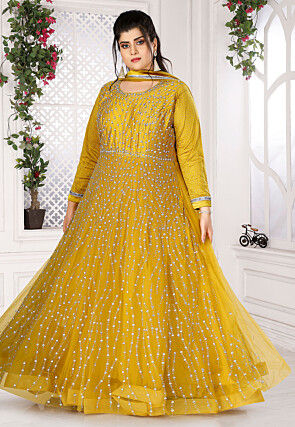 Embroidered Net Abaya Style Suit in Mustard