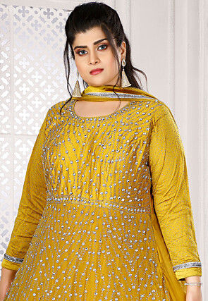 Embroidered Net Abaya Style Suit in Mustard