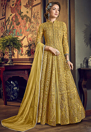 Embroidered Net Abaya Style Suit in Mustard