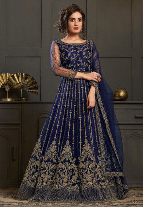 Turquoise Color Front Slit Style Embroidered Faux georgette Anarkali Pants  Salwar Suit - Divine International Trading Co - 3643235