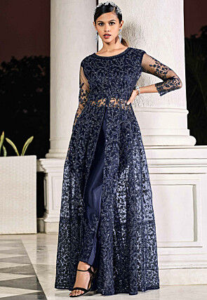 Embroidered Net Abaya Style Suit in Navy Blue