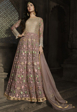 Embroidered Net Abaya Style Suit in Old Rose