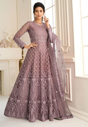 Embroidered Net Abaya Style Suit in Old Rose