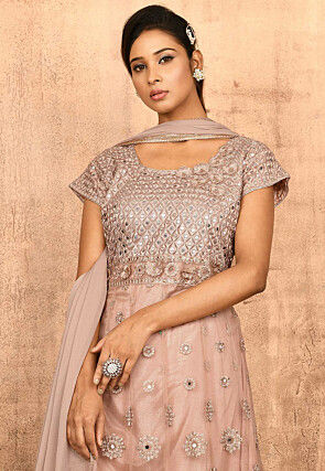 Embroidered Net Abaya Style Suit in Old Rose
