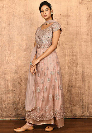 Embroidered Net Abaya Style Suit in Old Rose