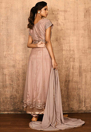 Embroidered Net Abaya Style Suit in Old Rose